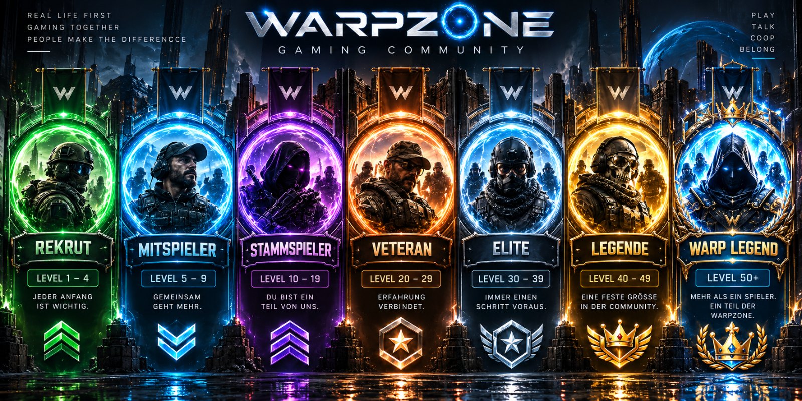 Sieben WarpZone Community-Ränge vom Recruit bis zur Warp Legend